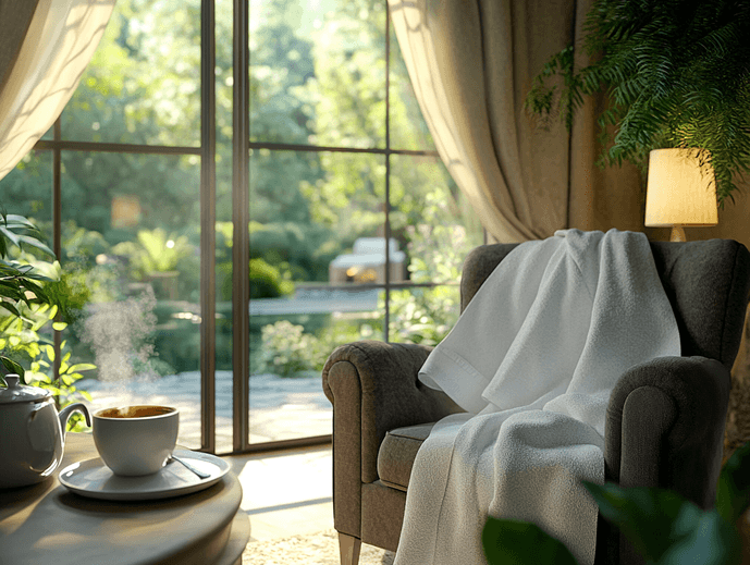 A serene spa environment with a robe hanging on a wooden hook, surrounded by candles and soft lighting