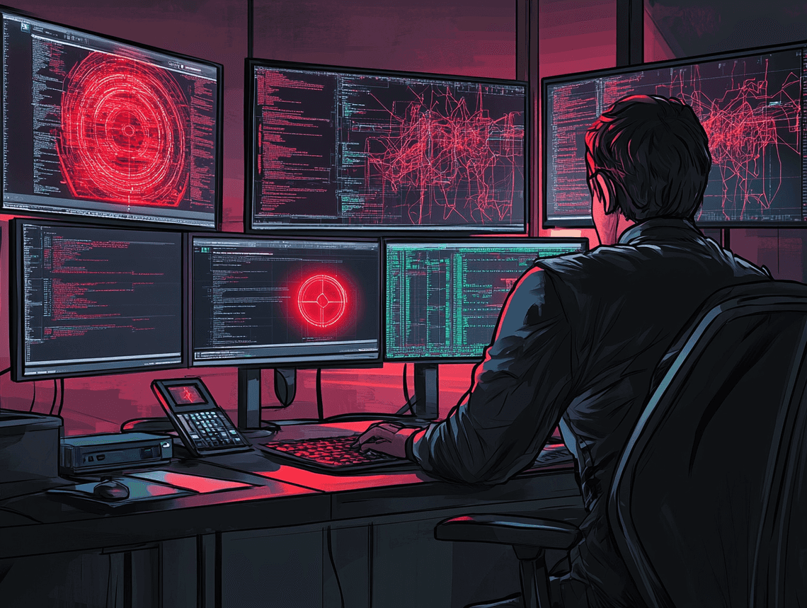 A digital representation of a cyberattack with a hacker accessing sensitive data