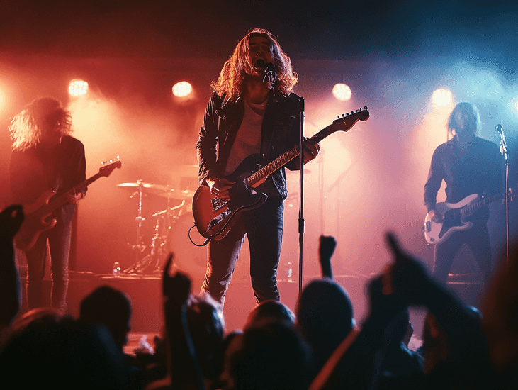 A glamorous stage setup with dramatic lighting, symbolizing a high-profile music event