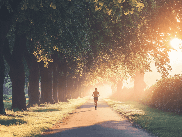 A person jogging in a park during sunrise, symbolizing a healthy lifestyle