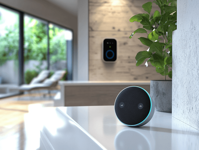 A cozy living room setup featuring a TV, soundbar, and gaming console