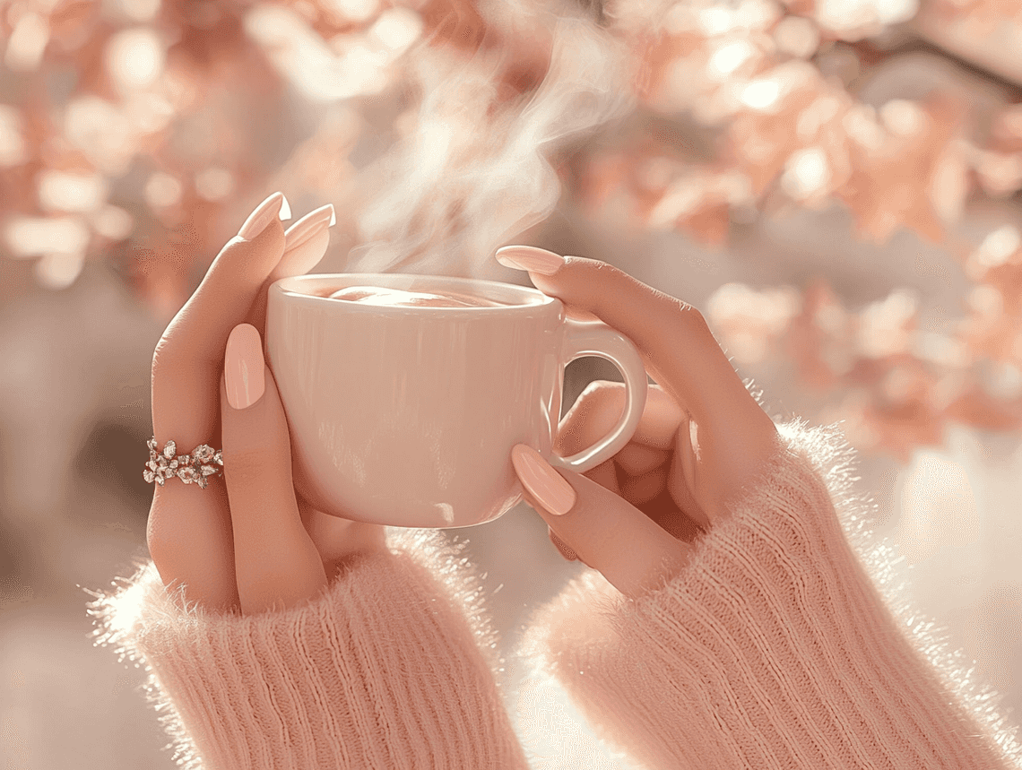 A hand with baby pink nails holding a bouquet of pastel flowers
