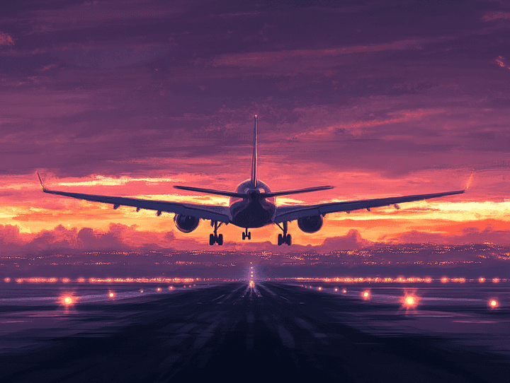 A commercial airplane landing at dusk with a stunning orange sky in the background