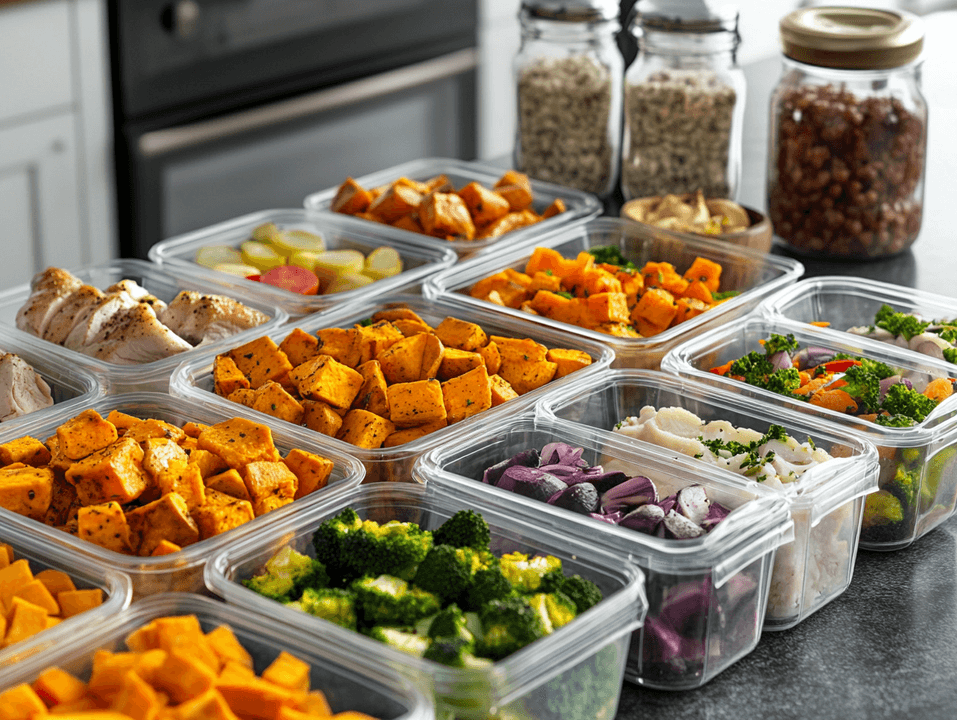 A colorful spread of prepped healthy meals in containers, including salads, grilled chicken, and roasted vegetables