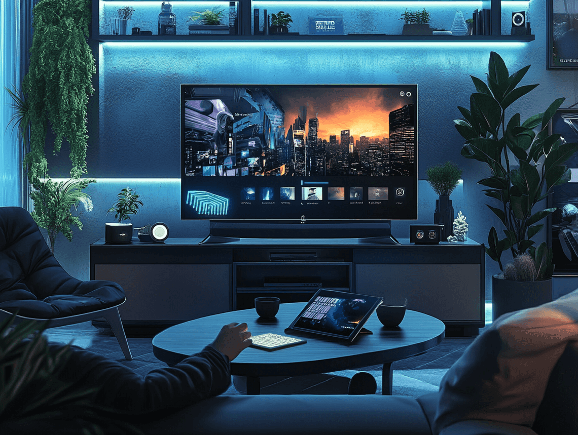 A person watching a live tech event on a laptop, surrounded by gadgets and notes