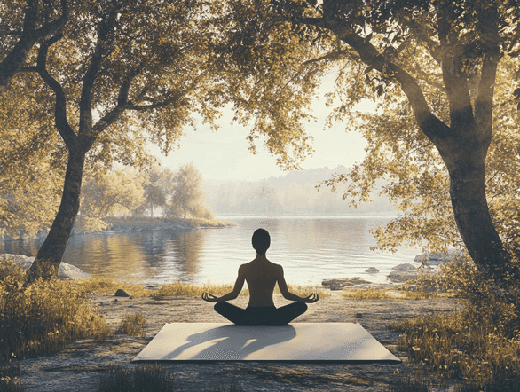 A serene image of a person meditating outdoors, symbolizing stress management for better health