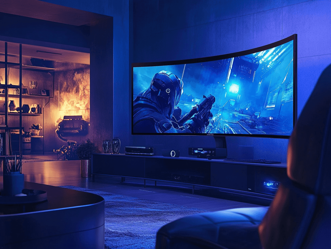 A modern workstation featuring a 27-inch monitor and sleek accessories