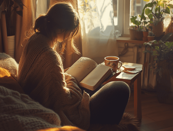 A serene image of a person journaling in a cozy, sunlit room