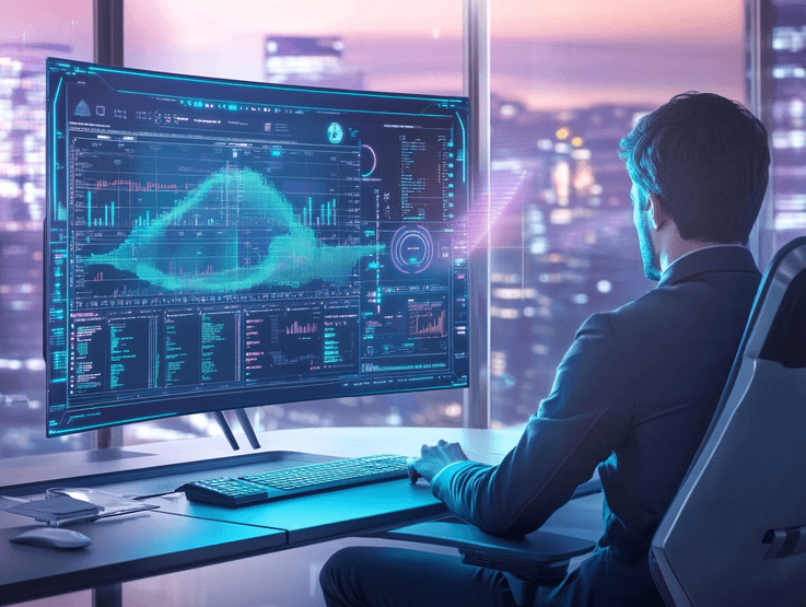 A futuristic AI interface analyzing financial data on a computer screen