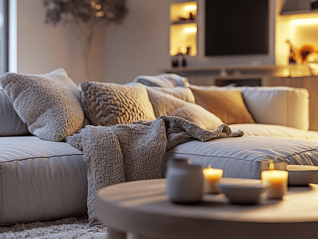 A cozy extra deep sofa with plush cushions in a neutral-toned living room