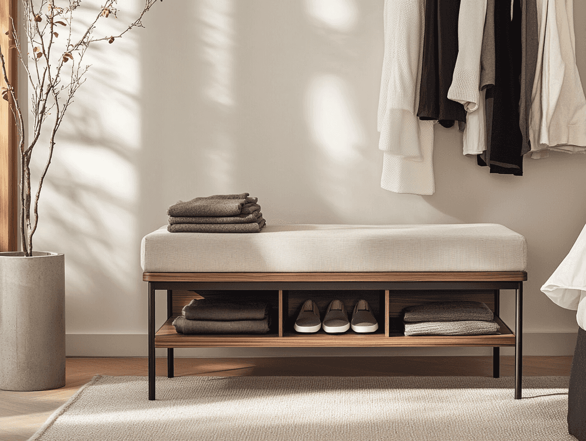 A cozy living room featuring a shoe storage bench repurposed as a storage solution for books and blankets