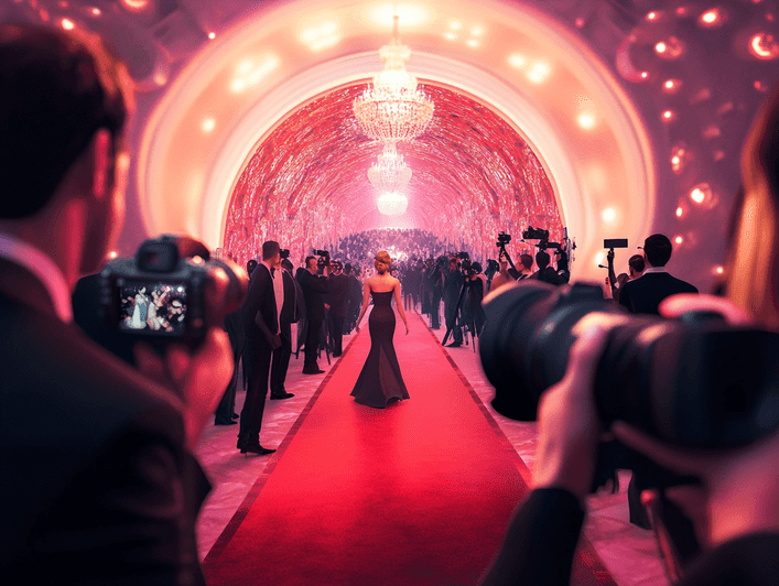 A close-up of Elton John playing the piano under dazzling stage lights
