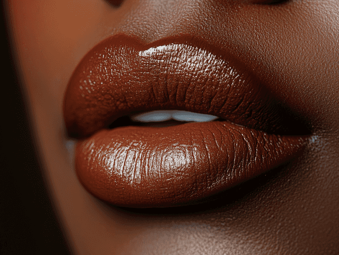 A sleek matte lip tint tube placed on a marble countertop with a soft-focus background of makeup brushes and flowers