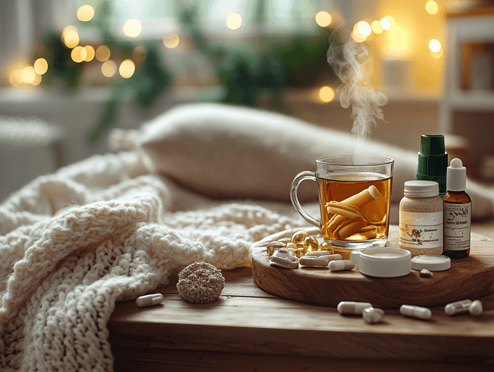 A cozy winter scene with wellness products like vitamins, teas, and skincare items