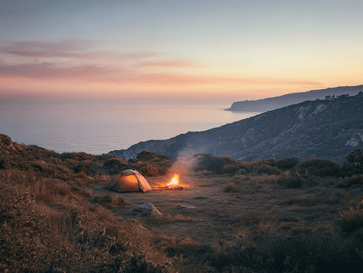 A campsite on the Trans Catalina Trail with tents and a view of the ocean