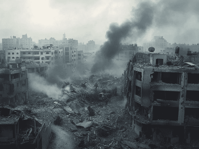 A devastated urban area in Gaza with smoke rising from buildings