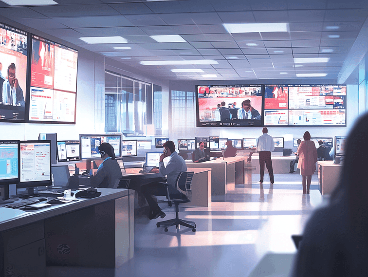 A newsroom setting with journalists working on breaking news stories