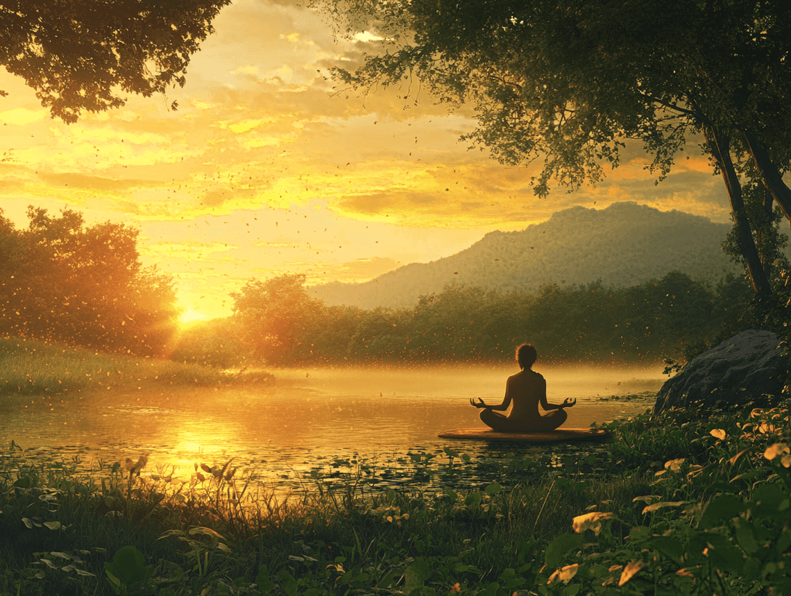 A person meditating in a serene outdoor setting with a sunset in the background