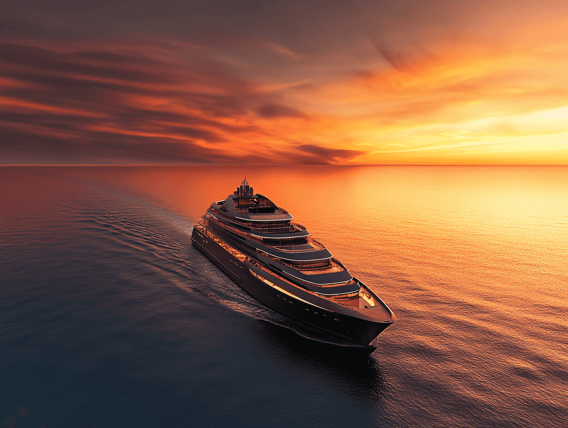 A luxury cruise ship sailing at sunset with a serene ocean backdrop