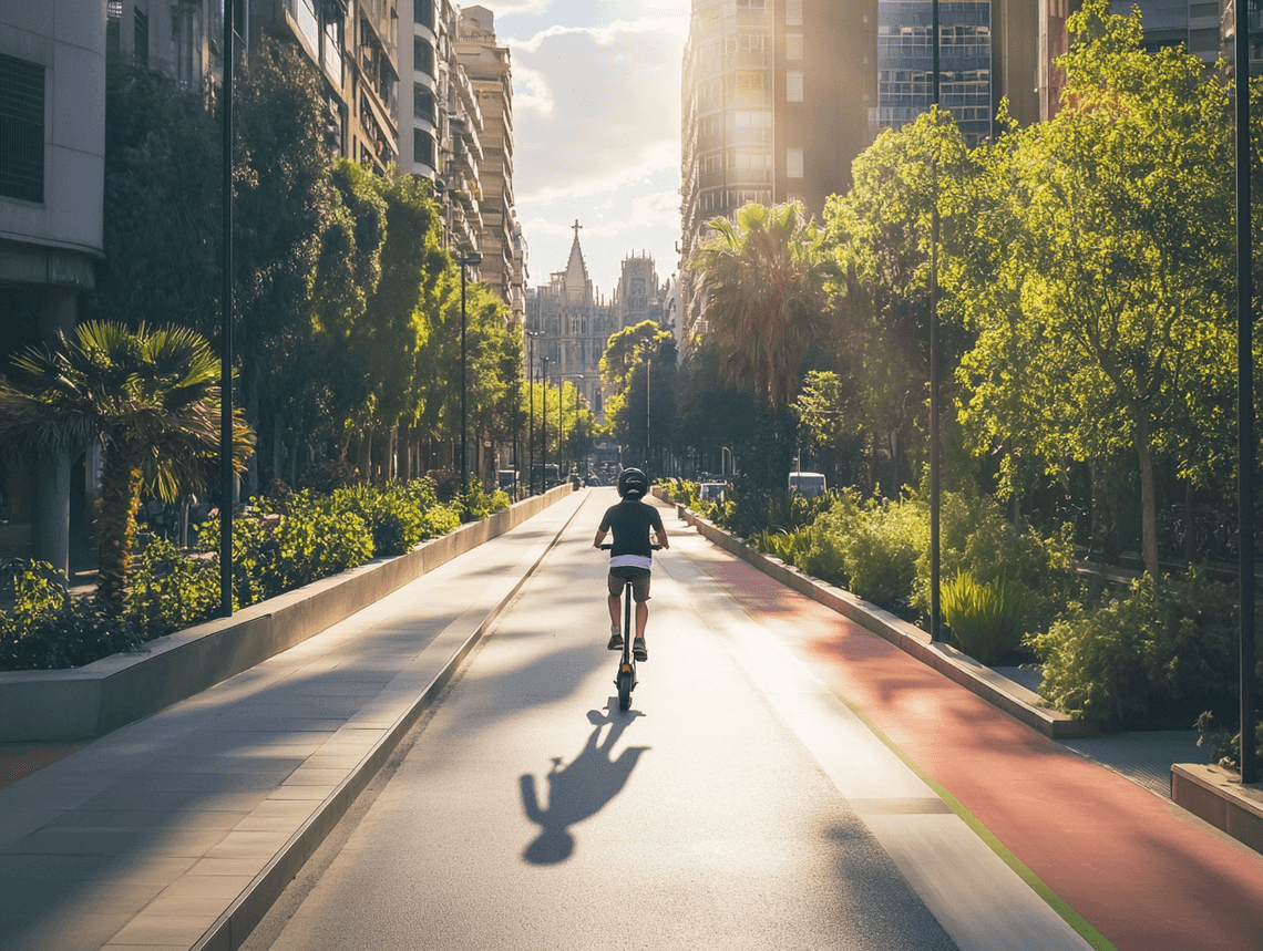 An e-scooter rider navigating a bike lane in an urban setting