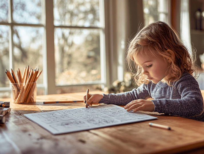 A family using a tablet with AI-generated activities for kids during the holidays