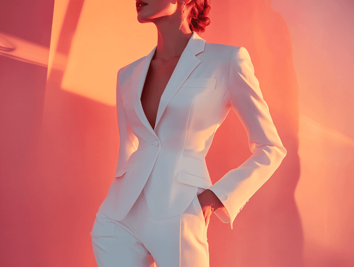 A modern bride in a white suit with bold red lipstick