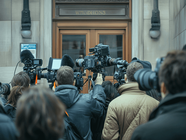 A group of reporters outside a courthouse with cameras and microphones