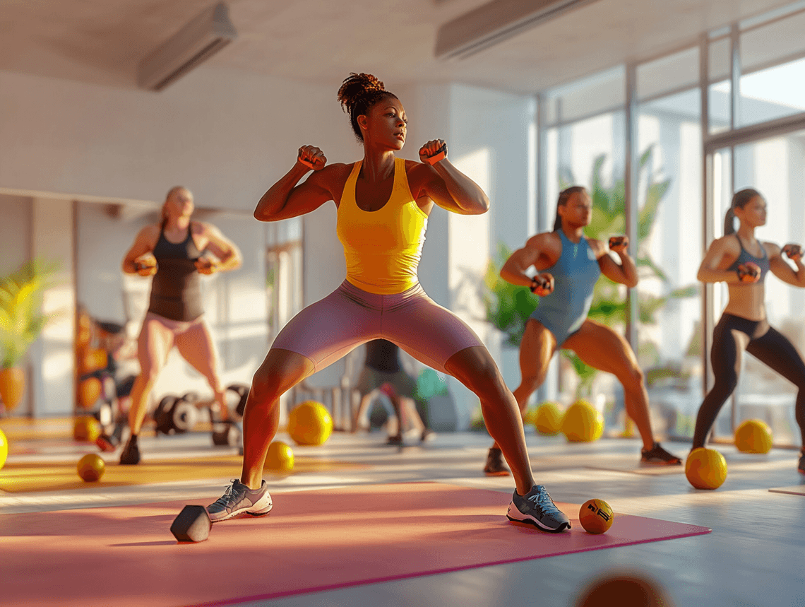 A diverse group of people performing strength exercises in a high-tech fitness studio