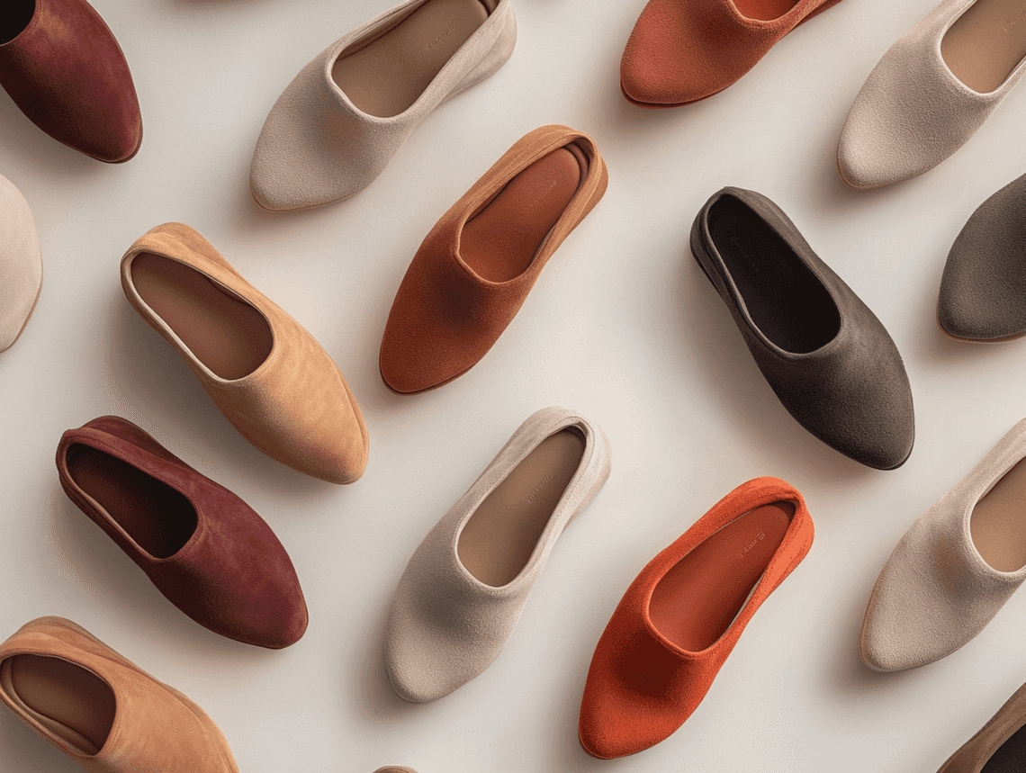 Close-up of a woman wearing beige glove flats while walking on a cobblestone street