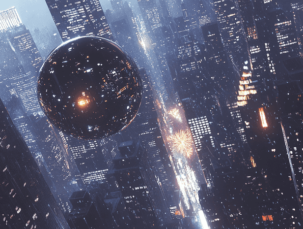 A family gathered around a TV, watching a live New Year's Eve broadcast