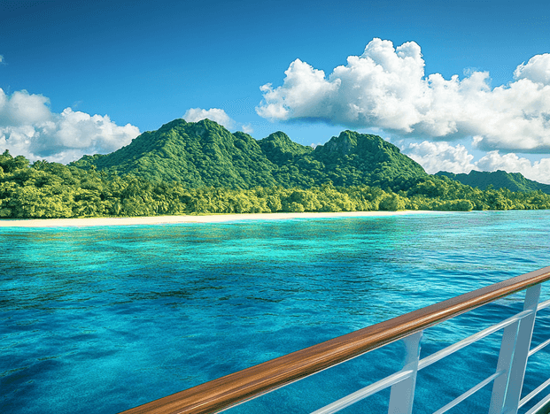 A stunning view of a tropical island from a cruise ship