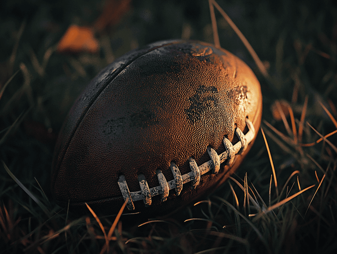 A close-up of a football resting on the field