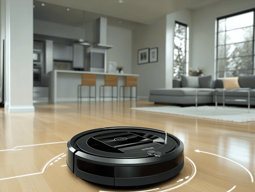 A smart vacuum docked in a modern living room, showcasing its self-cleaning feature