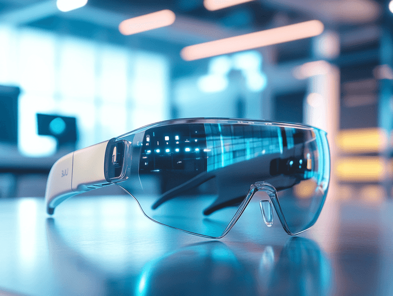 A futuristic pair of 3D holographic smartglasses on a sleek table