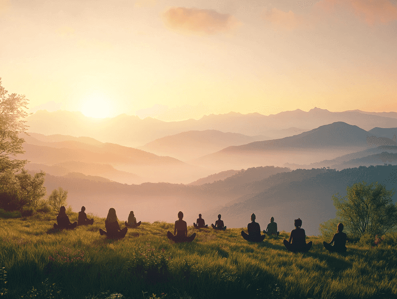 A serene outdoor wellness festival with yoga mats, people meditating, and a vibrant sunset in the background