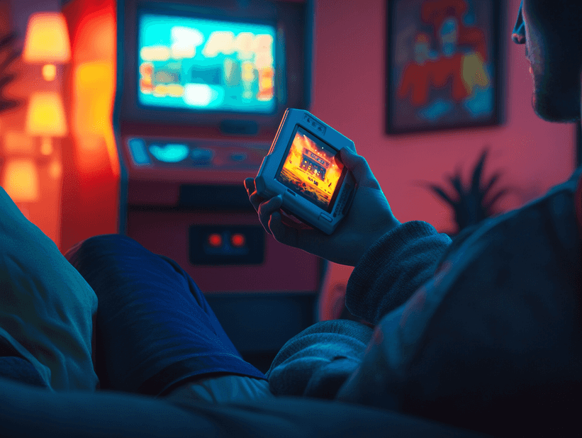 A gamer holding a sleek handheld console while playing a retro-style game