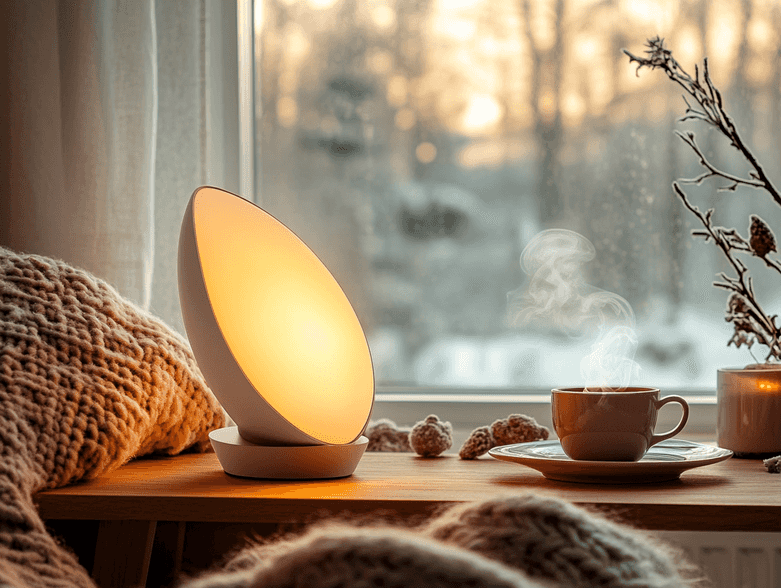 A sleek light therapy lamp on a desk with a cozy winter background