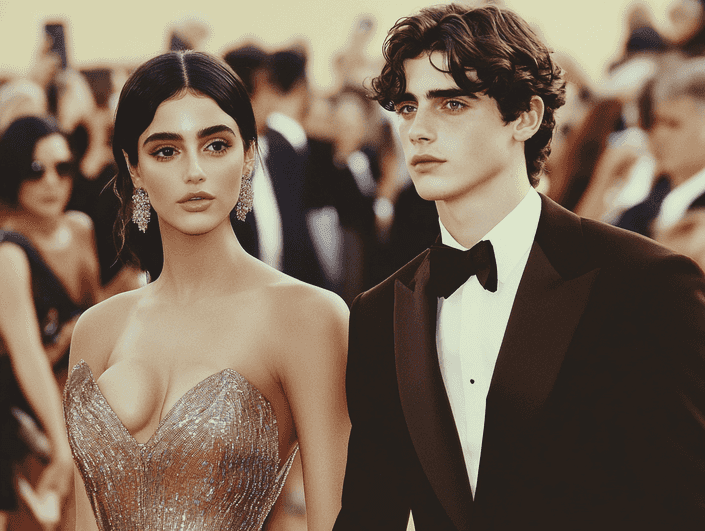 A stylish couple walking hand-in-hand at a high-profile event