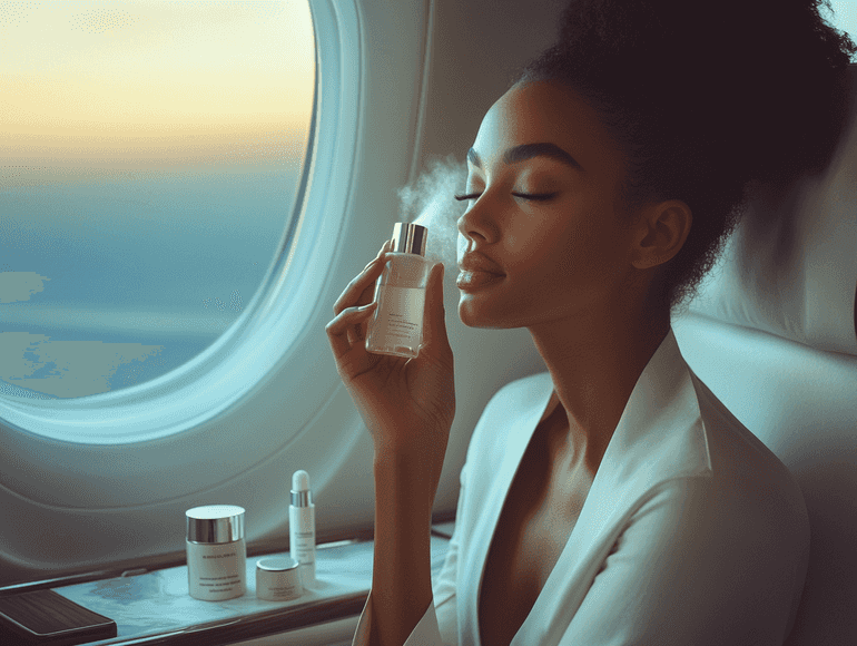 A flat lay of skincare products, a passport, and a boarding pass on a marble surface