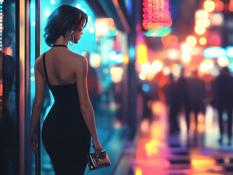 A man in a sleek black outfit with a leather jacket, standing confidently in a nightclub