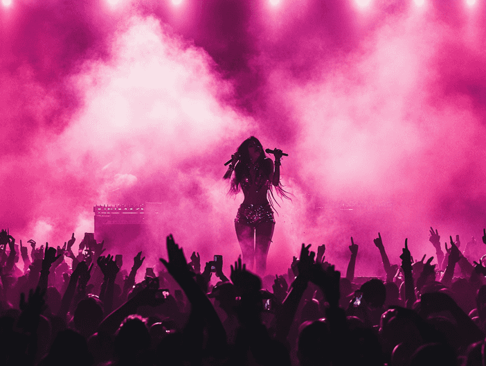 Nicki Minaj performing on stage with vibrant lights and a cheering crowd
