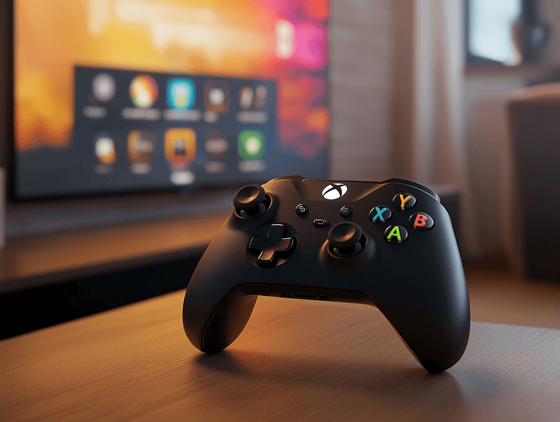 A close-up of an Xbox controller paired with an LG Smart TV, showcasing the Xbox app interface