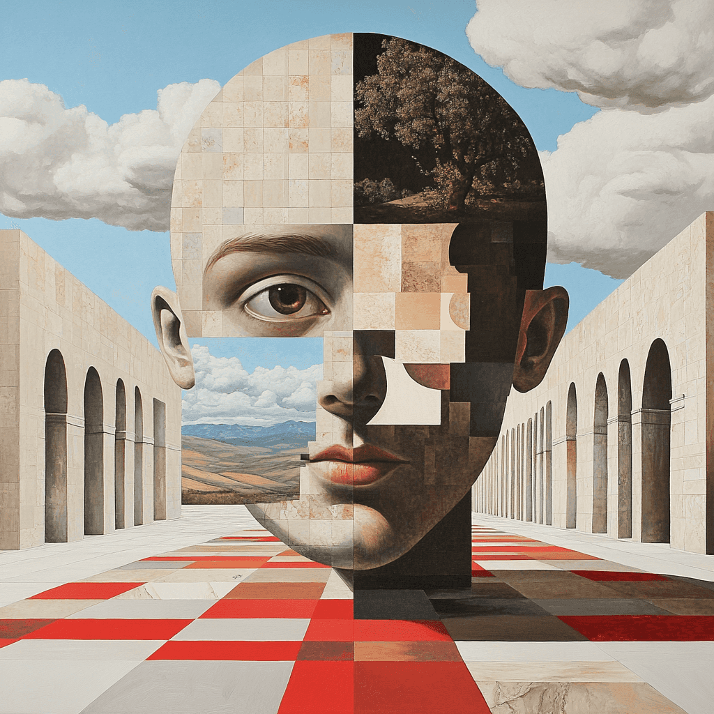 A dining area with mustard yellow cabinets, vintage bar cart, and bold artwork