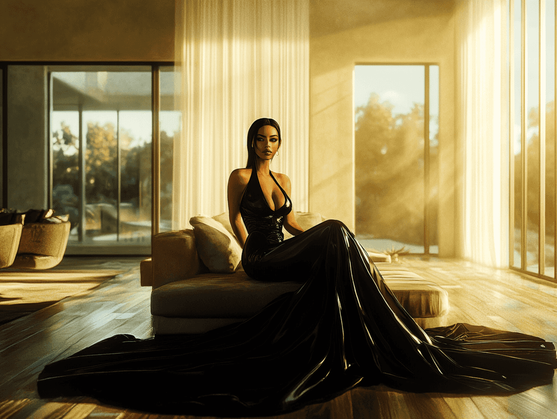 A glamorous portrait of Kim Kardashian looking reflective in a chic setting