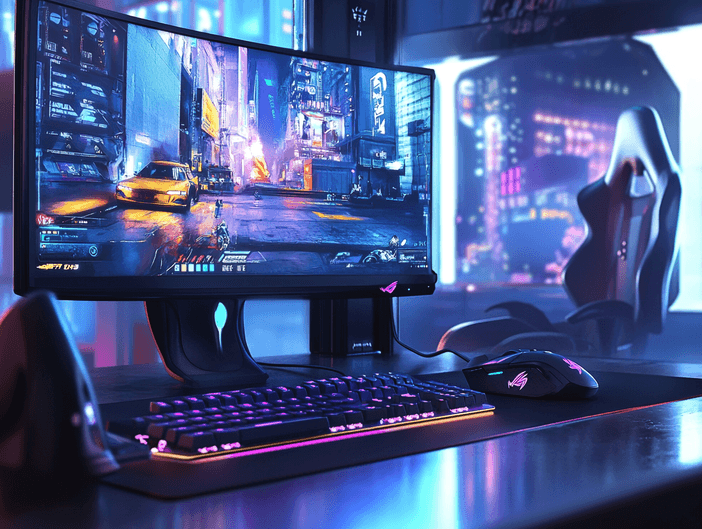 A sleek gaming setup with RGB lighting and a high-performance monitor